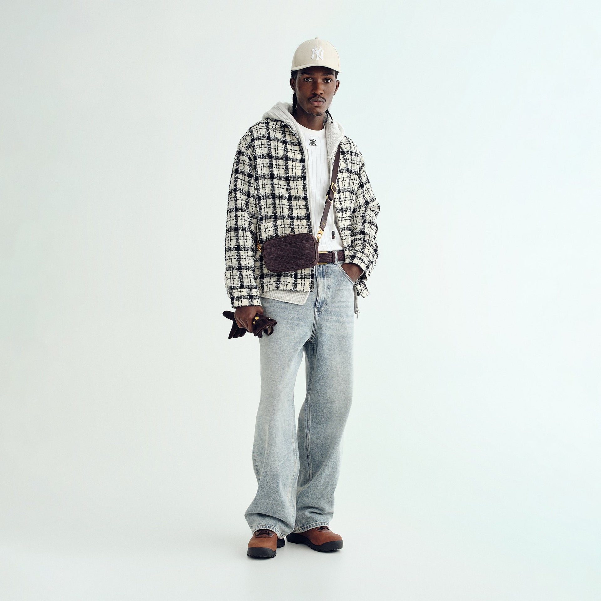 &Kin Windowpane Boucle Long Shirt Boxy Collared Overshirt - Sandrift