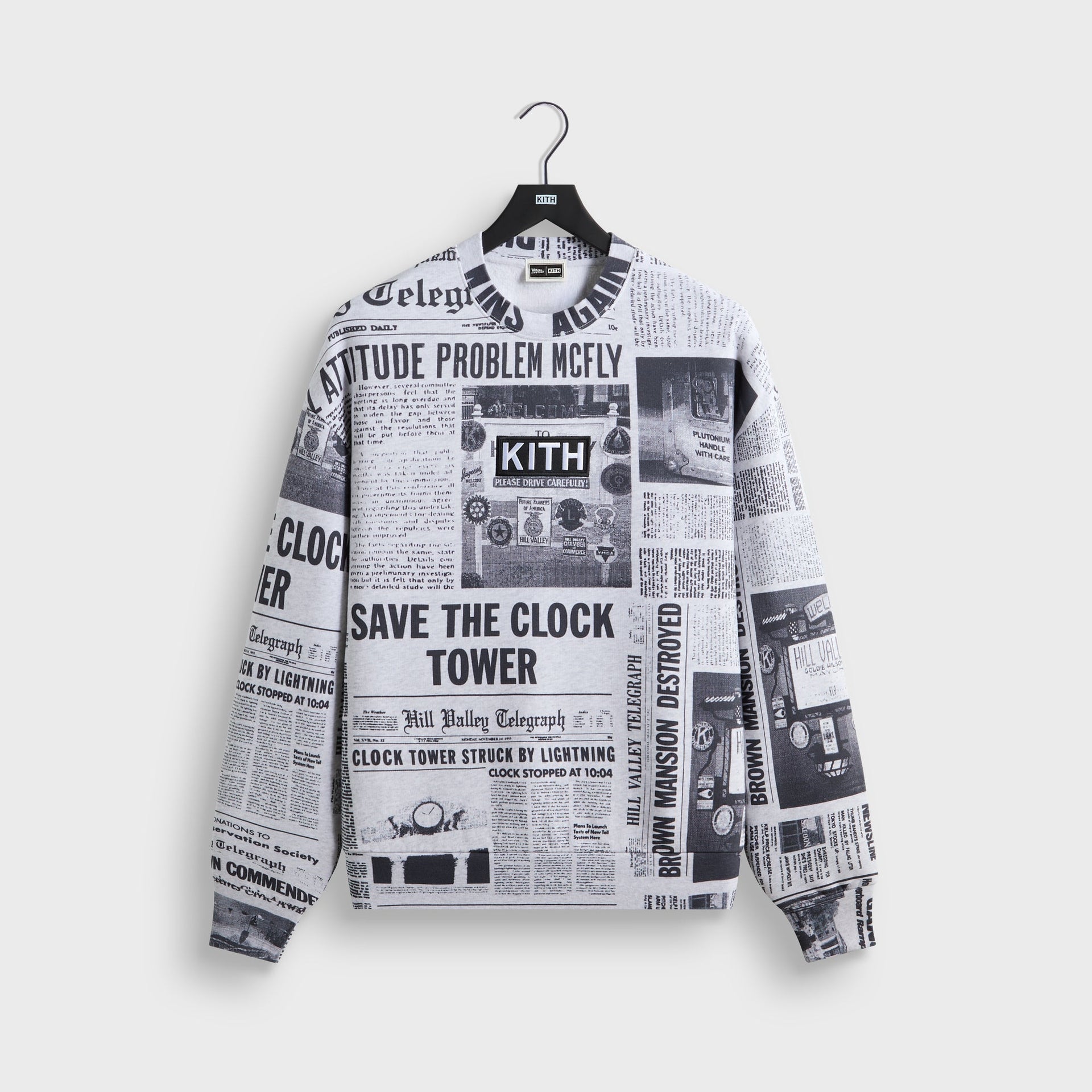 Kith for Back to the Future Newspaper All-Over Printed Nelson Crewneck - Light Heather Grey