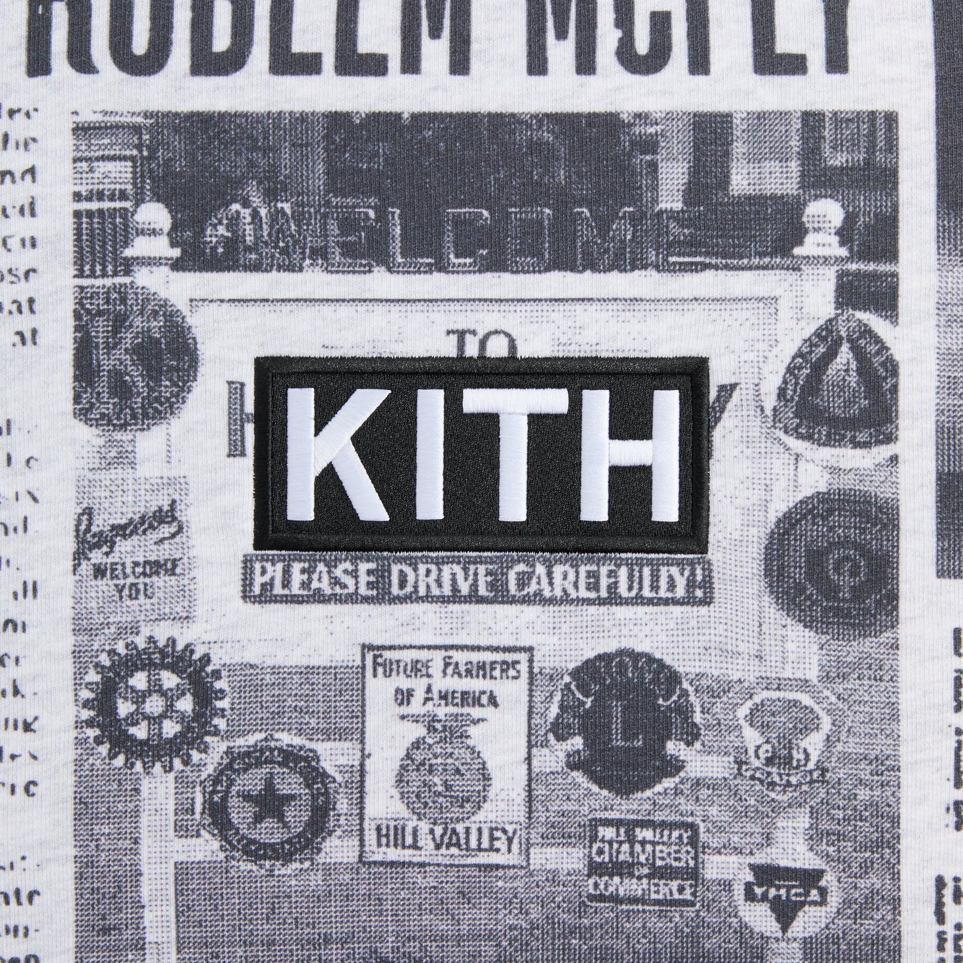Kith for Back to the Future Newspaper All-Over Printed Nelson Crewneck - Light Heather Grey - PH