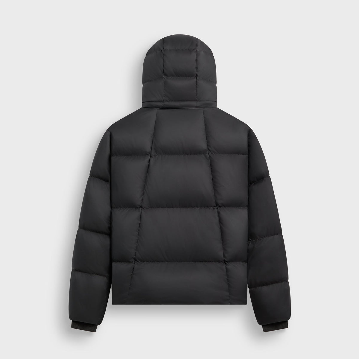 Kith Matte Stretch Taffeta Midi Puffer in black, back view, with hood