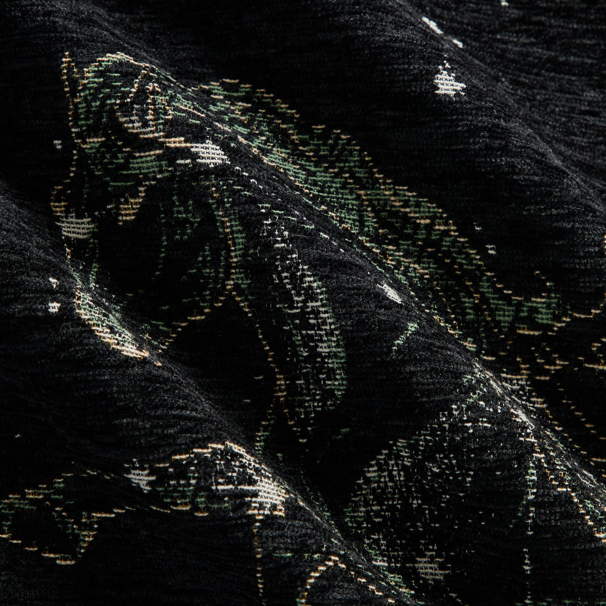 Close-up of the black chenille constellation tapestry fabric of the Kith Helios jacket